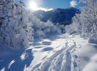 Sticker - Snowy Forest Path with Mountains in Background