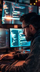 Poster - A programmer works late at night in a dimly lit room, hunched over his keyboard and multiple monitors filled with code