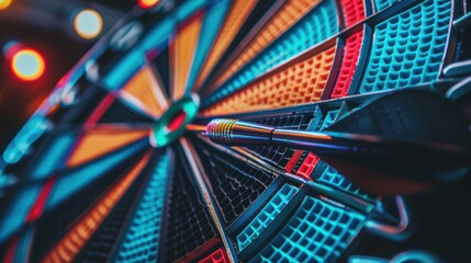 Close-up of a colorful dartboard with a dart hitting the bullseye, captured in vibrant colors and sharp details.