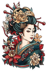 Poster - PNG Tattoo illustration of a geisha illustrated publication clothing.