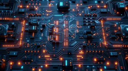 Poster - A highly detailed image of a modern electronic circuit board with intricate pathways and components, illuminated by a soft blue light, symbolizing the complexity and sophistication