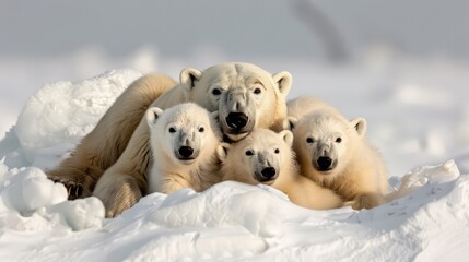 polar bear family cuddles in snowy landscape, showcasing the bond and warmth of arctic wildlife agai