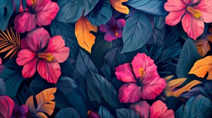 Seamless pattern with vibrant tropical flora featuring pink and orange hibiscus flowers and lush green leaves on a dark background.