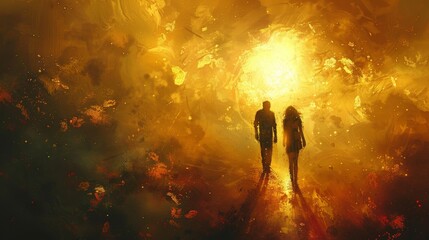 A couple walking in a yellow sky