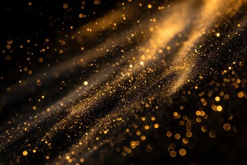 Wall Mural - Golden Glowing Particles and Stars in Space on Black Background