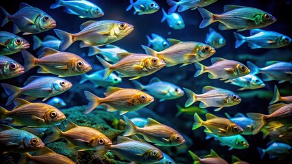 Wall Mural - Luminous fish gathering in a dark underwater environment , underwater, bioluminescent, glowing, marine life, school of fish