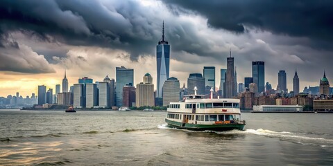 Poster - Ferry sailing along the Hudson River on a rainy day in NYC, with the city skyline in the background , hudson river, ny waterway