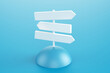 © Myshkovskyi - Close-up of white direction sign on blue background. 3d rendering illustration.