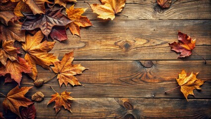 Sticker - Dried leaves scattered on a wooden surface , autumn, fall, nature, seasonal, rustic, texture, background, natural, organic