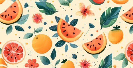 Poster - a watermelon and oranges with leaves and flowers on a yellow background