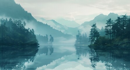 Sticker - a lake surrounded by mountains and trees with a foggy sky above it