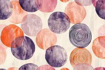 Poster - watercolor abstract round shapes with lines and dots, peachy pink beige purple tones, hand drawn doodle in white background, simple minimalistic


