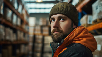 Wall Mural - portrait of a Warehouse worker, man standing in a warehouse looking at camera, logistics shipping business 