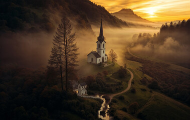 Canvas Print - Top view of the church in the mountains created with Generative AI technology