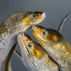 Wall Mural - Three yellow and white spotted eels with open mouths facing upwards