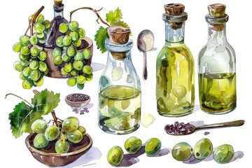 Fresh Grape Seed Oil Set for Beauty and Health. Hand-drawn Watercolor Illustration on White Background