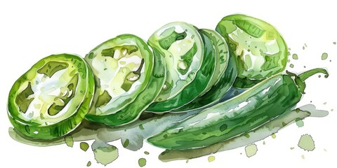 Poster - Hand-drawn Watercolor Illustration of Fresh Jalapeno Pepper Slices on White Background