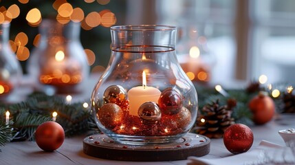 Poster - Create a stunning centerpiece for your dining table with a modern glass terrarium filled with sparkling ornaments and fairy lights.