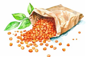 Poster - Hand-drawn Watercolor Illustration of Raw Red Lentils in Paper Bag with Green Leaf