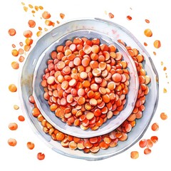 Canvas Print - Organic Red Lentils in Hand-drawn Watercolor Bowl on White Background