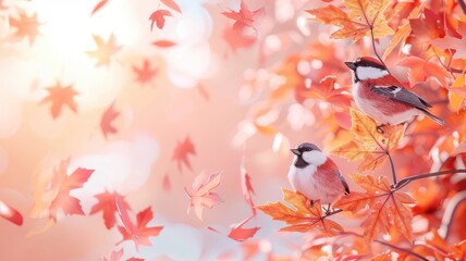 Two birds perched on vibrant red autumn leaves, with a dreamy background of soft sunlight and gently falling leaves.