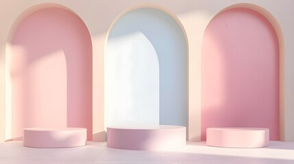 Poster - Minimalist Pastel Pink and Blue Archway with Podiums.