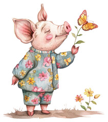 Wall Mural - PNG Piglet with butterfly and flowers