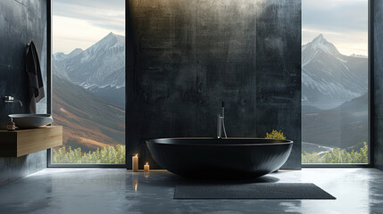 Modern bathroom with black bathtub and mountain view. Contemporary interior design of luxurious home with panoramic scenery. Relaxing spa and wellness concept.