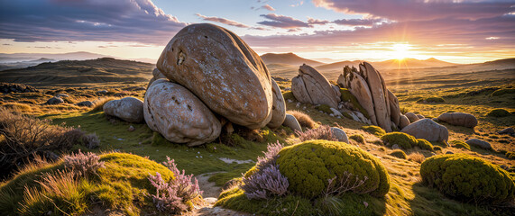 Wall Mural - Epic landscape with weathered boulders at sunset. Natural background, nature landscape wallpaper, banner. Created using generative AI tools