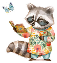 Wall Mural - PNG Raccoon reading book illustration