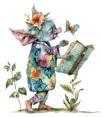 Wall Mural - PNG Whimsical elf reading book