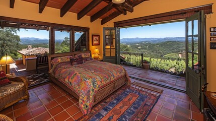 Wall Mural - Design a guest bedroom with expansive windows offering sweeping views of a picturesque vineyard, with rows of grapevines and rolling