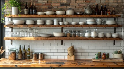 Wall Mural - Design a kitchen with an open shelving concept, showcasing decorative dishes, glassware, and cookbooks for a modern and personalized touch.