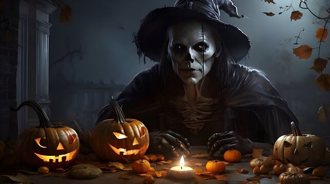 halloween background with pumpkin and witch