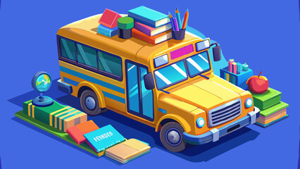 School Bus with School Accessories and Books.