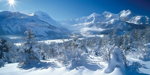 Wall Mural - Snow-covered mountain peaks and trees