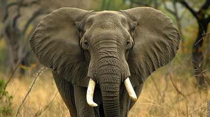 Wall Mural - The elephant trumpets loudly, its powerful call echoing across the African plains as it leads its herd to a watering hole.