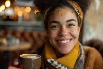 A person with a birthmark on their face, smiling confidently while sitting in a cozy cafe, with a cup of coffee in hand, emphasizing their comfort and confidence in their own skin