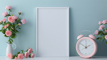 Poster - 3d rendering of white vertical picture frame on table with pink roses and alarm clock, pastel blue background for mockup template design art


