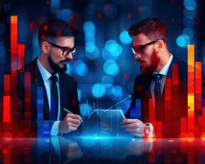 Aufkleber - Two men in suits are looking at a computer screen with graphs on it. They are both wearing glasses and seem to be discussing something important