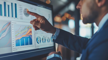 Poster - businessman analyzing financial data on computer - a businessman in a suit is shown analyzing data o