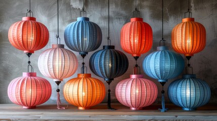 Wall Mural - Hang a cluster of festive paper lanterns in varying sizes and colors from the ceiling to create a playful and