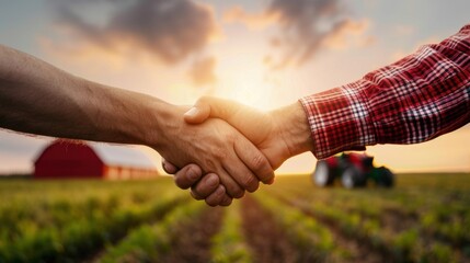 Poster - Two men shake hands in front of a red barn and a tractor. Concept of camaraderie and trust between the two men