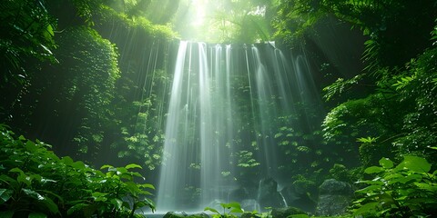 Wall Mural - Sunlight Streaming Through Lush Green Forest Waterfall