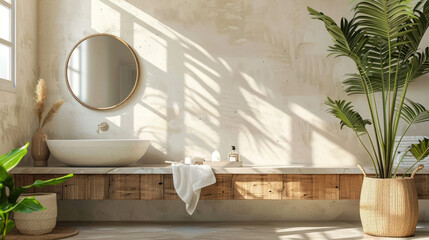 Modern Minimalist Bathroom Interior Design with Sunlight. A serene and stylish bathroom with natural wood, green plants, and a round mirror.