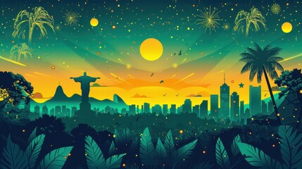 Wall Mural - Rio de Janeiro Skyline with Fireworks