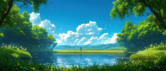 Serene Countryside Lake with Lush Greenery and Clear Blue Sky