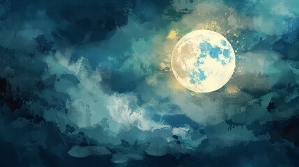 Full Moon Night Sky Painting - A full moon shines bright in the night sky, painted in a vibrant blue and white palette. - A full moon shines bright in the night sky, painted in a vibrant blue and whit