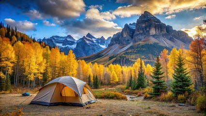 Wall Mural - Camping in the autumn forest with a view of high rocky mountains, camping, autumn, forest, mountains, view, nature