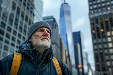 Wall Mural - Portrait of a content caucasian man in his 70s wearing a functional windbreaker isolated in stunning skyscraper skyline